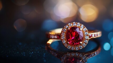 ring with exquisite detailing, placed on a reflective velvet surface, soft blur background with elegant bokeh effect