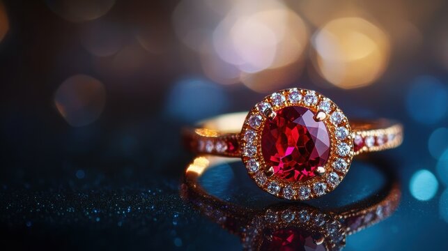 ring with exquisite detailing, placed on a reflective velvet surface, soft blur background with elegant bokeh effect