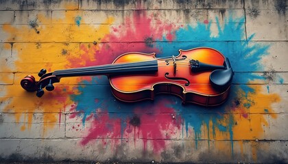 Violin rests on colorful graffiti wall mural. Bright paint splatters on weathered brick create urban art backdrop. Classical instrument merges with street culture, vibrant visual.