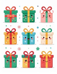 Cute cartoon Christmas gifts with smiling faces, colorful wrapping, stars, and adorab