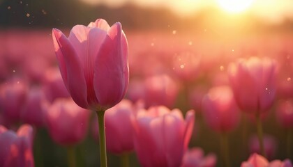 Pink tulips bloom in field at sunrise. Warm sun rays shine on delicate petals. Gentle breeze moves flowers. Springtime awakens with vibrant colors and soft light.