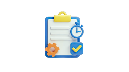 3D Checklist with Stopwatch, Gear, and Checkmark Icon - Time Management