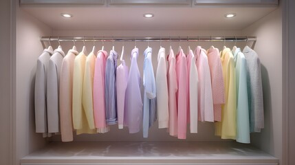 Array of pastel colored garments hangs neatly inside a closet on individual hangers