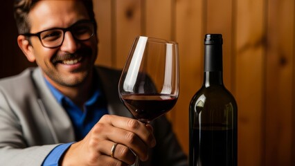 Wine Tasting: A man elegantly examines a glass of deep red wine next to the accompanying bottle. A moment of relaxed sophistication, celebrating the exquisite experience.