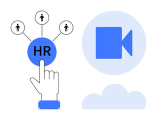 Recruitment, team management, virtual meetings, online collaboration, digital tools, cloud technology. Hand selecting HR on a network diagram. Recruitment and team management in focus
