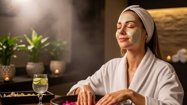 Serene Spa Ritual: A woman finds her inner peace, immersed in a moment of tranquility. A facemask replenishes the skin.  Her radiant.