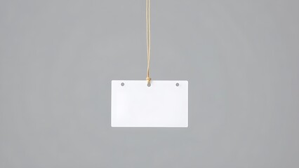 Empty name tag suspended by a thin thread against a minimalist grey background, clean and simple.
