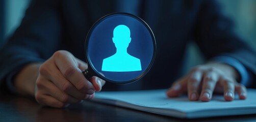 Person analyzes applicant profile using digital magnifying glass. Focus on selecting right candidate. Human resources screening process. Finding best talent for job. Tech analysis of skills.