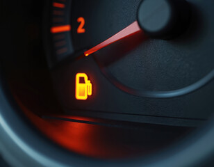 Naklejka premium Car dashboard shows orange fuel warning light indicator is on. The gasoline gauge shows low level of fuel. Speedometer needle is near zero. Car needs refueling now.