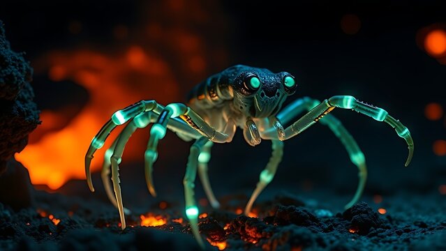 Alien deep-sea arthropods with glowing legs walk on hydrothermal vents.