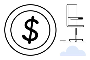 Office culture, productivity, finance, income, work-life balance, job opportunities. Dollar sign symbol next to an office chair. Finance and productivity concept for workplace