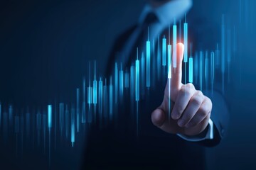 Financial stock market chart analysis with businessman touching screen blue candlestick graph investment and trading data visualization concept