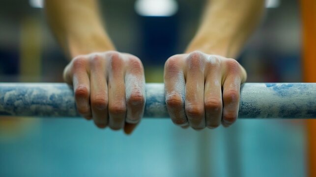 Close-up of gymnast's chalked hands gripping parallel bar during training