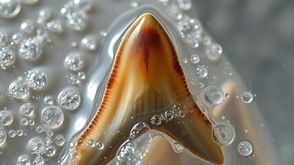 Close-up of a single, translucent shark tooth showing signs of corrosion in acidic, effervescent water.