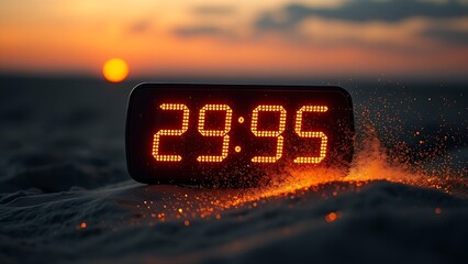 Glowing digital pedometer showing fractal numbers dissolving into golden dust at dawn, symbolizing progress.