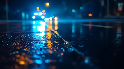 Close-up of glowing police light reflections on wet pavement at night.