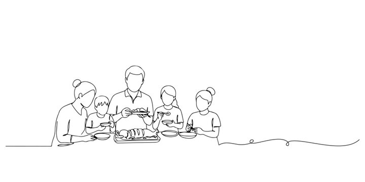 Continuous one line drawing of family sitting together enjoying sacrificial meat dish, which represents togetherness and gratitude, the Islamic holy days, Eid al-Fitr, Eid al-Adha, line art style vect