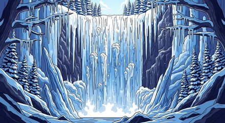 A stunning illustration of a frozen waterfall in a winter landscape, surrounded by icy cliffs and snowy pine trees. The scene is dominated by shades of blue and white, evoking a majestic and chilling 