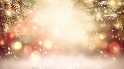 A dreamy winter background featuring softly falling snow, warm bokeh lights, and evergreen branches, creating a festive atmosphere.