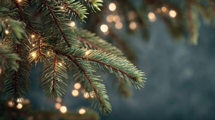 A close-up of evergreen branches adorned with soft, glowing lights, creating a warm and festive atmosphere.