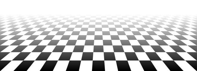 Fototapeta premium Checkerboard floor fading in perspective. Black and white vanishing checkered tile pattern background. Vector vintage empty room stage checker floor. Retro horizontal chess board grid plane surface