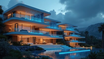 Obraz premium Luxury modern villa with infinity pool at dusk. Multi level architecture with blue light accents. Tropical trees surround upscale real estate.
