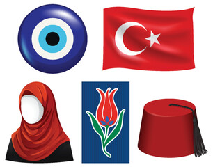 Turkish Symbols Collection with Flag, Nazar, Tulip, Fez, and Hijab