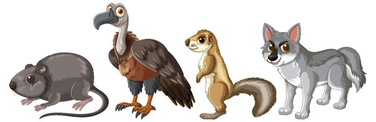 Cartoon Rodent, Dodo, Meerkat, and Wolf Standing in Row