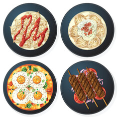 Traditional Middle Eastern Dishes on Black Plates Top View