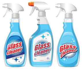 Three Blue Glass Cleaner Spray Bottles Vector Illustration