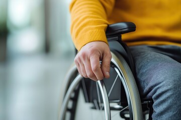 Close up of wheelchair with person in yellow sweater and gray pants in hospital or clinic setting for accessibility concepts