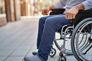 Obraz premium Wheelchair user on sidewalk with jeans and gray shoes disability access and mobility in urban environment for accessibility concepts