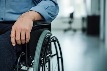 Obraz premium Man in wheelchair in modern office setting disability and accessibility concept healthcare and medical services mobility and assistance equipment