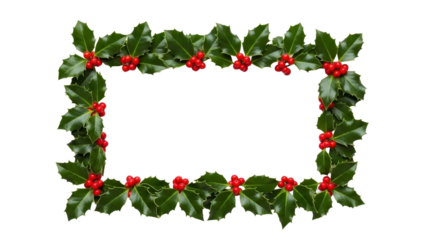 Traditional Winter Holly Leaf Frame with Bright Red Berries on a Transparent Background PNG File