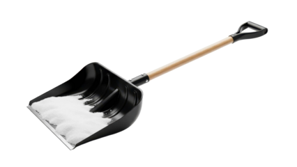 Black snow shovel with white snow and wooden handle, on a transparent background, PNG image, PNG file.