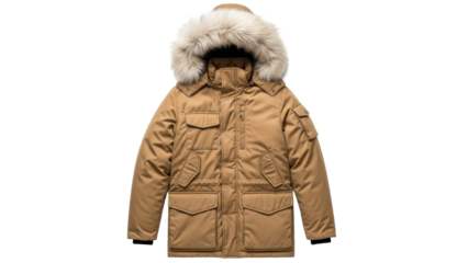  Cozy brown winter parka with fur-lined hood on a transparent background PNG image perfect for Christmas season