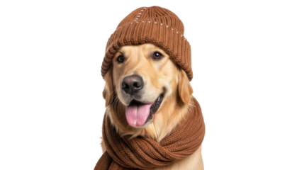 A joyful Golden Retriever dog wearing a warm brown knitted beanie hat and scarf on a transparent background, PNG image, PNG file