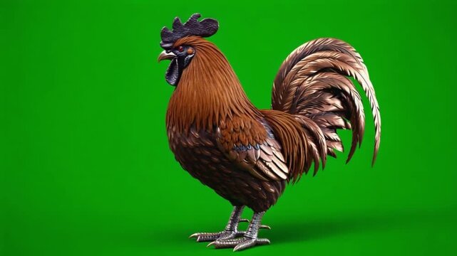 A brown rooster with black comb standing on a green screen in a studio environment view chicken green screen video