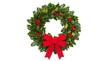 Traditional Christmas Holly Wreath with Red Berries and Velvet Bow on a Transparent Background PNG Image