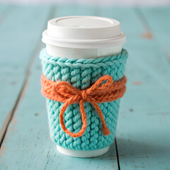 Cozy knitted coffee cup sleeve with orange bow handmade accessory for hot drinks perfect for cafes and winter season isolated on wood background