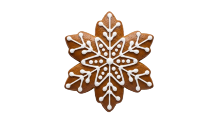 Decorated Christmas Gingerbread Snowflake Cookie with White Icing on a Transparent Background PNG Image