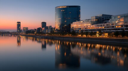 Fototapeta premium Modern waterfront cityscape reflects in calm water during twilight hours