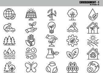 Environment Line Icons Set &ndash; Ecology, Sustainability, Renewable Energy & Nature Outline Symbols, Editable Vector Icon Pack