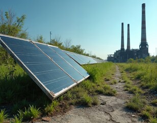 Solar panels are set up in overgrown field near abandoned industrial factory stacks. Nature is reclaiming industrial zone, showing contrast between old and new energy sources. Sky is clear and blue.