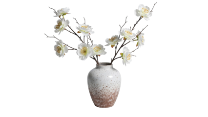  Elegant White Blossoms and Bare Branches in Rustic Vase on a transparent background, PNG image, PNG file