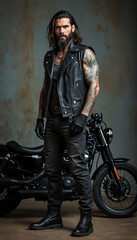 Naklejka premium Brutal tattooed man in leather vest and jeans. Confident male biker stands near black motorcycle. Fierce person with long hair and beard, old school style.