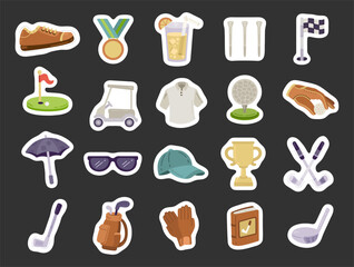 Golf equipment set in scandinavian style featuring footwear, trophy, cart, ball, glove, umbrella, cap, notebook, driver, club, tee, beverage, sunglasses and gear