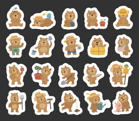 Bear farmer character set in scandinavian style showing different emotions and poses countryside animals working on farm activities and gardening scenes with tools food harvest