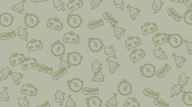Repeating pattern suitable for travel blogs, stationery, and textile designs with compasses, hats, and blocklike shapes on beige.