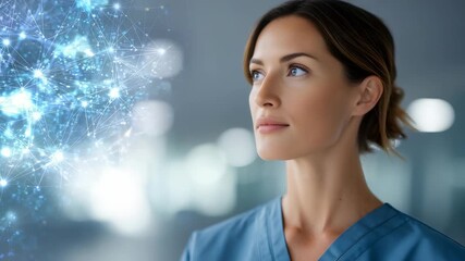 A young woman doctor in a hospital environment is depicted with a glowing digital network, symbolizing innovation in medicine. The image blends human expertise with advanced technology - Powered by Adobe